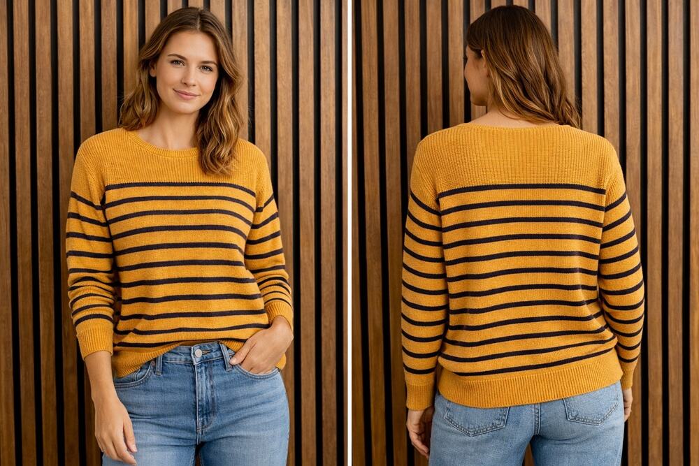 Mustard Yellow Striped Sweater Women’s Large Navy Knit Cottagecore Cozy Pullover